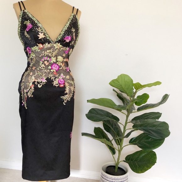 CACHE Satin Sequin Beaded Floral Dress